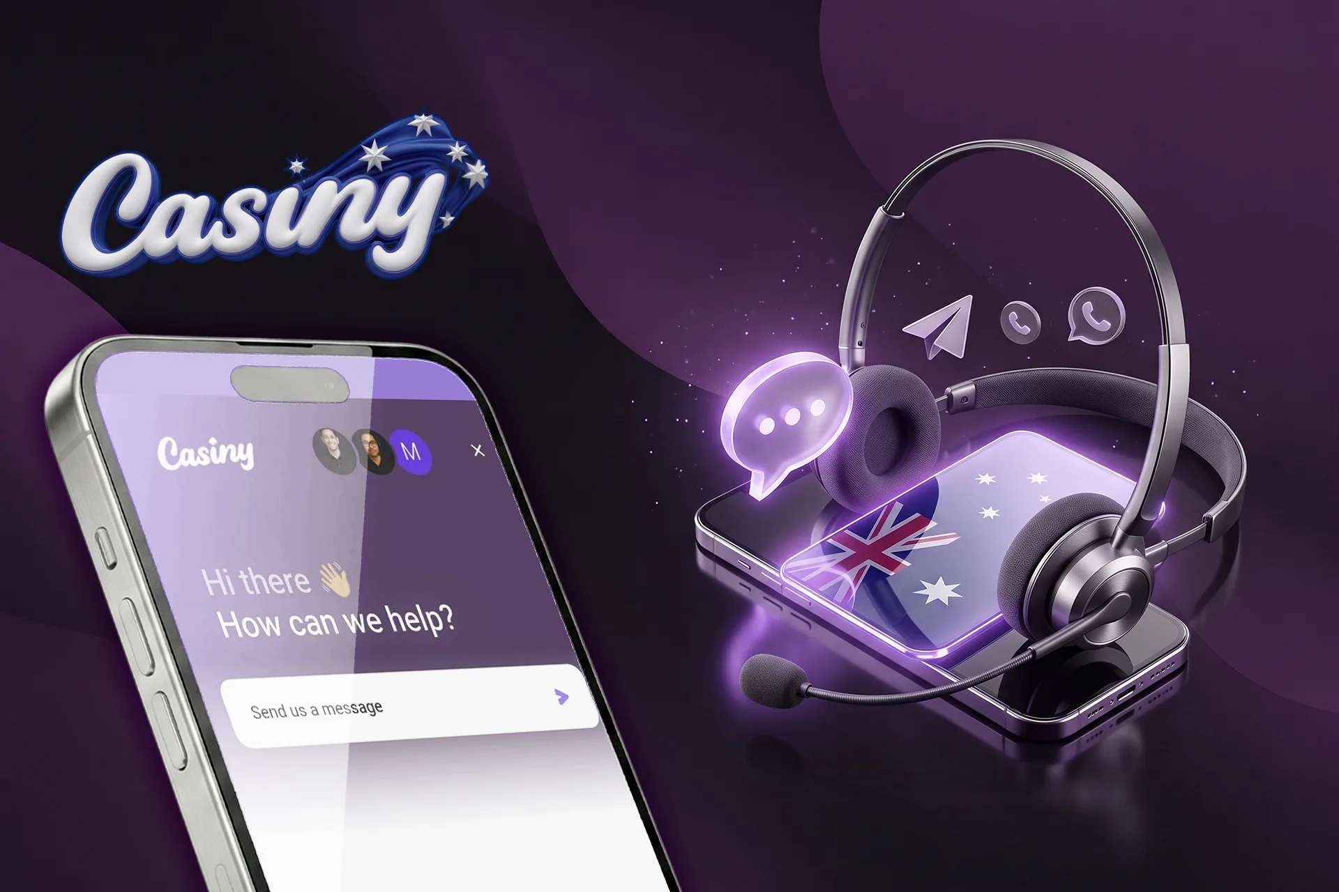 24/7 customer support and live chat assistance for Australian players, illustrated by a headset, communication icons, and a smartphone screen