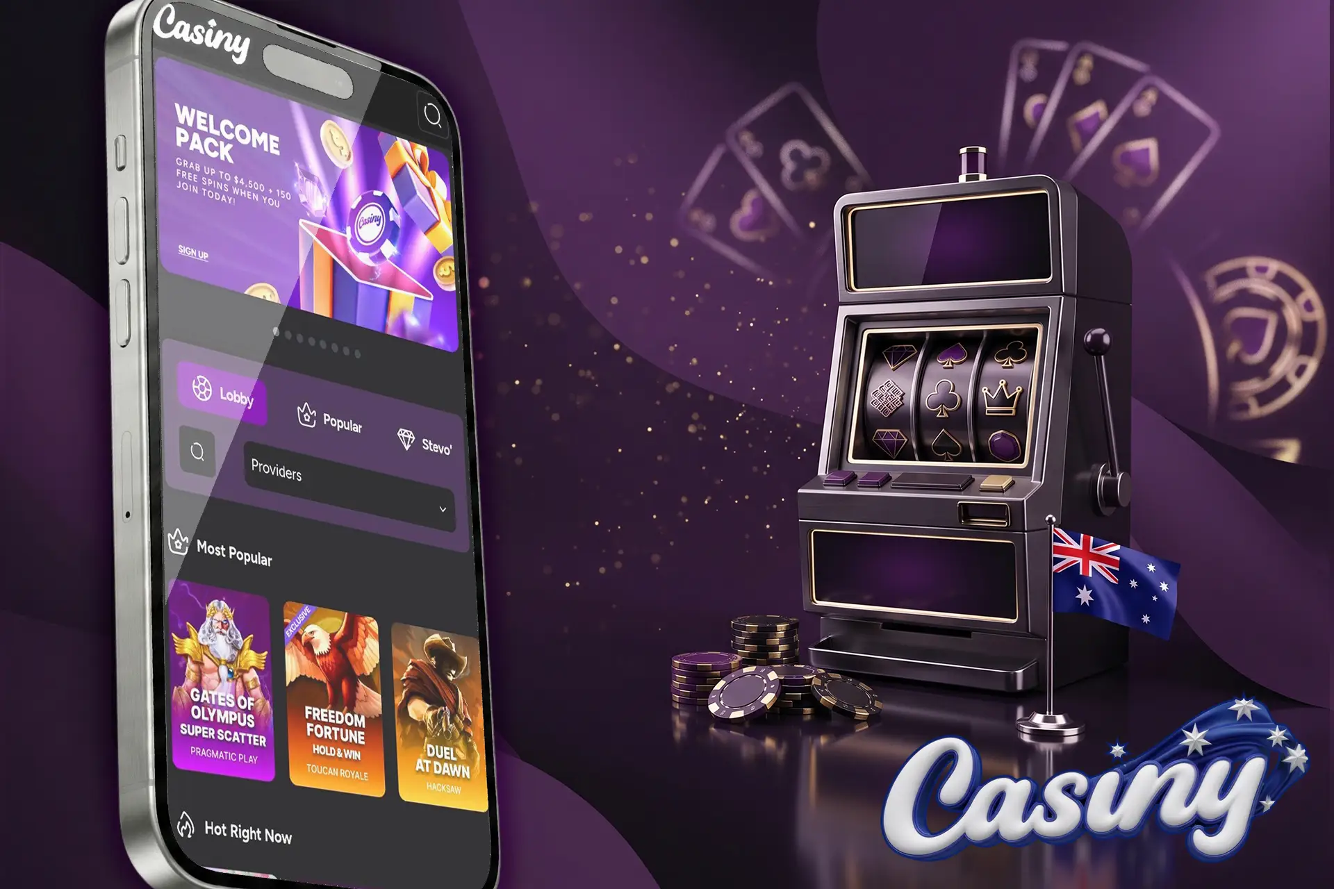Playing real money pokies on a mobile phone, featuring a 3D slot machine, gambling chips, and the Australian flag